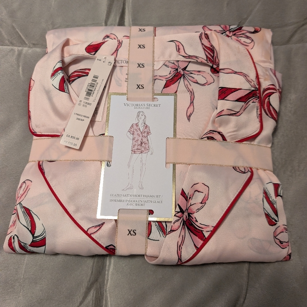 Victoria's Secret Blush and Red Satin Pajama Set